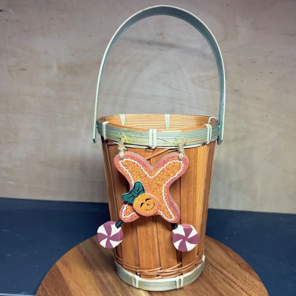 Gingerbread Man Woven Bamboo Basket Holiday Decor Peppermint Accents 9 inch